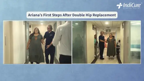 A split-screen image showing Ariana Mcchail walking down a hospital corridor with the assistance of Dr. Mudit Khanna shortly after her double hip replacement.